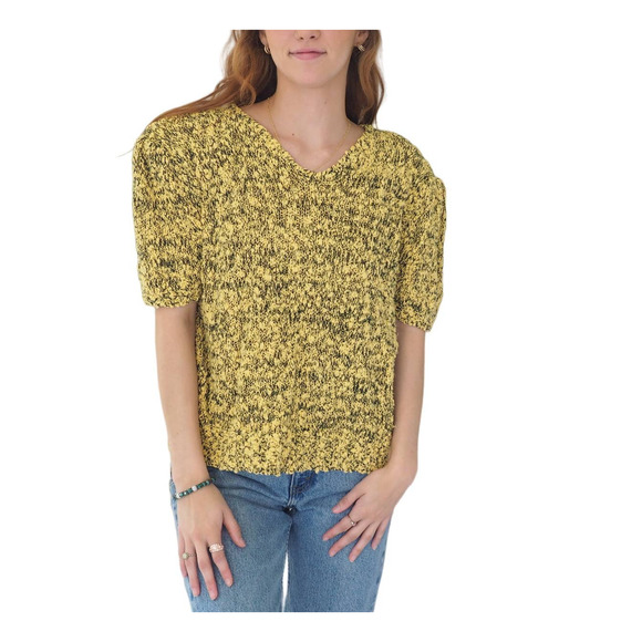 80s Vintage Knit Short Sleeve Yellow Black Sweater Shoulder Pads Women's Size M - Picture 2 of 5